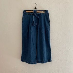 Wide leg pleated cropped tie front jeans